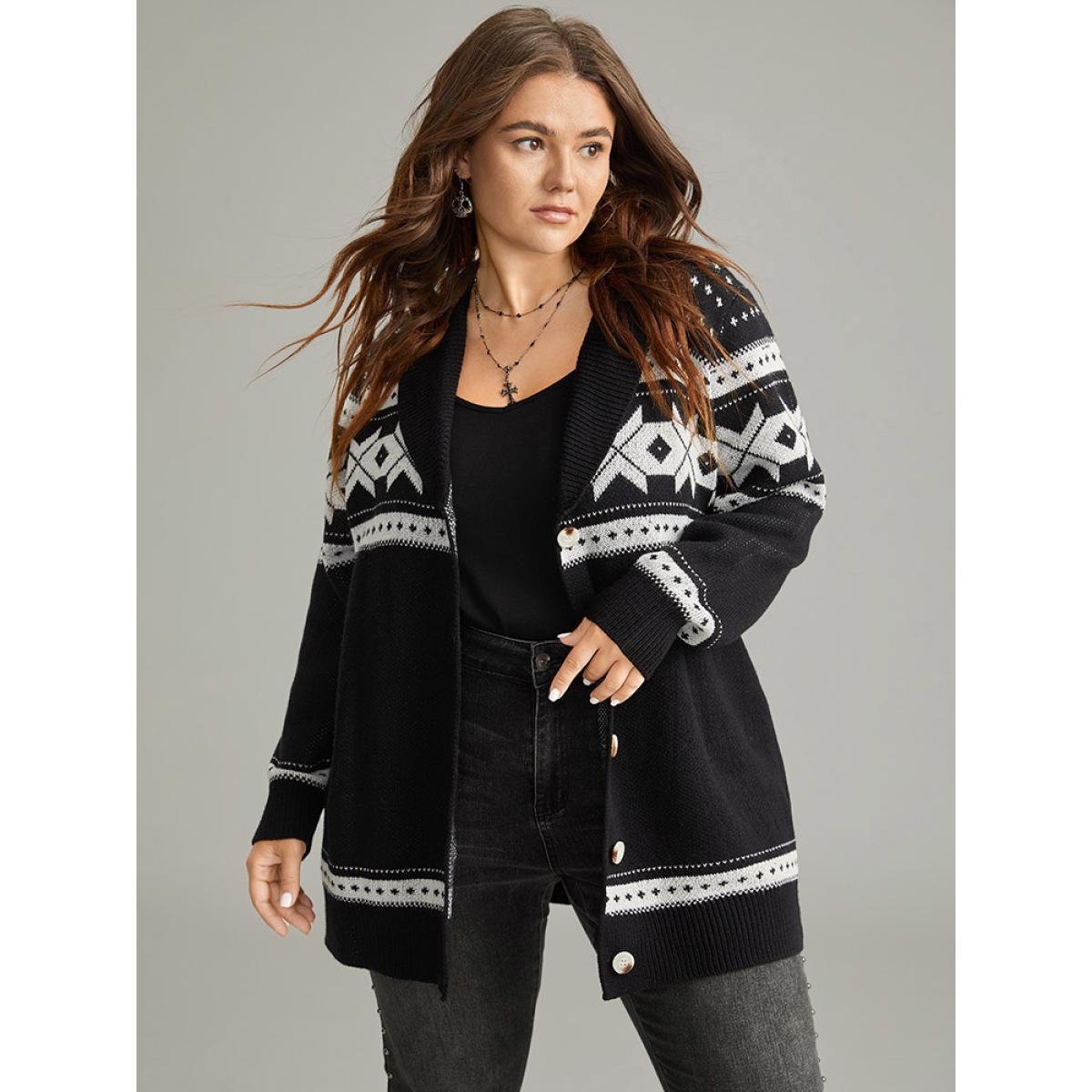 Plus Size Geometric Contrast Button Through Cardigan Black Women Casual Loose Long Sleeve Dailywear Cardigans BloomChic 22-24/3X Product Image