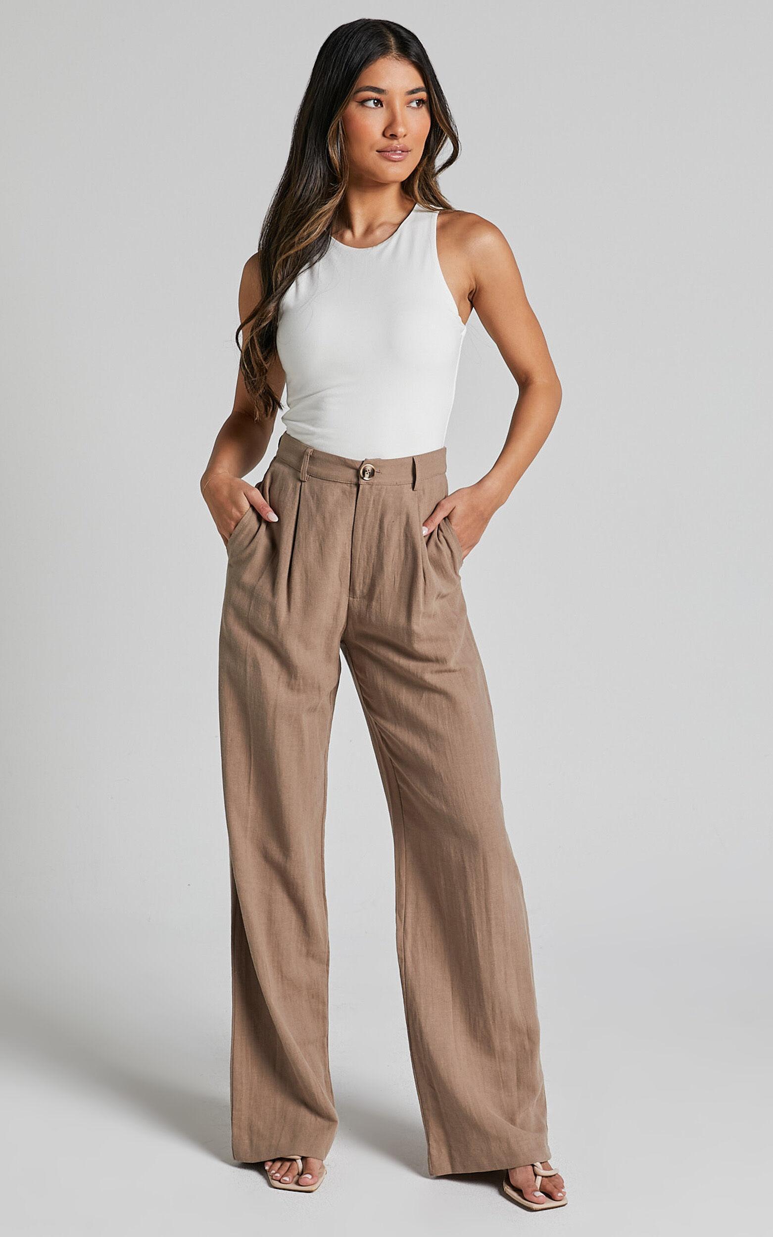 Larissa Trousers - Linen Mid Waisted Relaxed Straight Leg Trousers in Mushroom Product Image