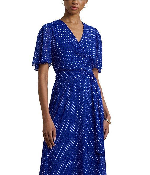 Lauren Ralph Lauren Polka Dotted Crinkle Georgette Surplice V-Neck Flutter Sleeve Faux Wrap Dress Product Image