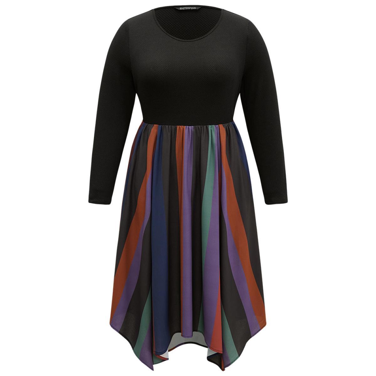 Plus Size Striped Colorblock Contrast Pocket Elastic Waist Dress Multicolor Women Office Patchwork Round Neck Long Sleeve Curvy Midi Dress BloomChic 22-24/3X Product Image