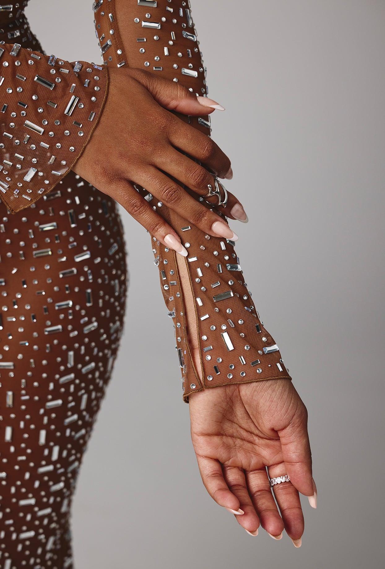 Sheer Embellished Long Sleeve Evening Gown in Mocha Product Image
