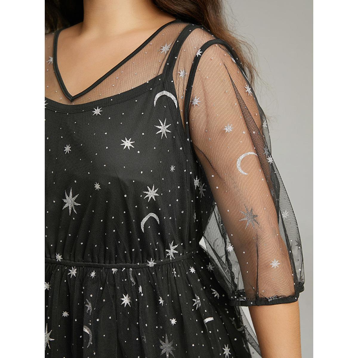 Plus Size Crochet Lace Mesh Moon & Star Dress Black Women Cocktail See through V-neck Elbow-length sleeve Curvy Midi Dress BloomChic 28/5X Product Image