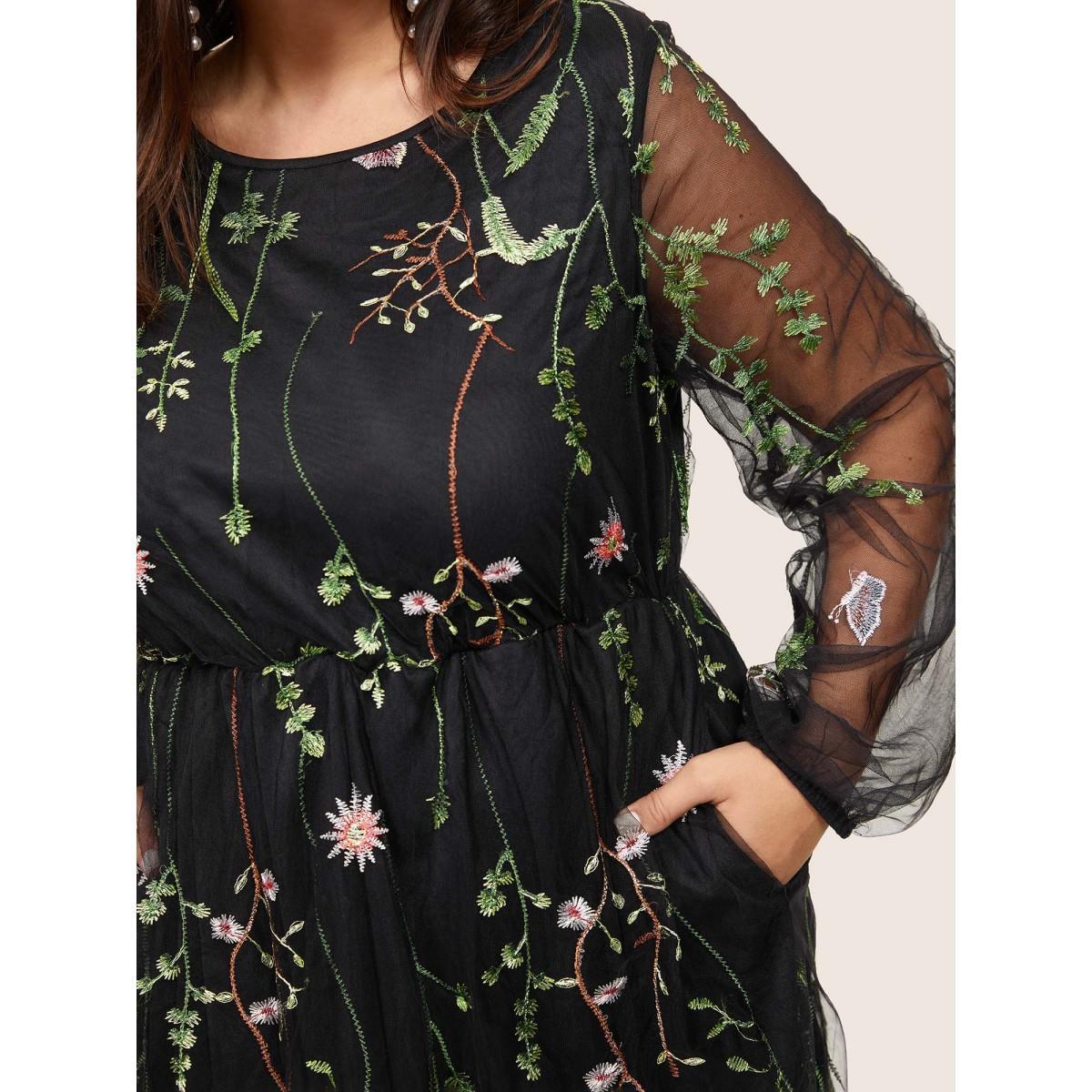 Plus Size Floral Embroidered Mesh Pocket Lantern Sleeve Dress Black Women Cocktail Elastic cuffs Round Neck Long Sleeve Curvy Midi Dress BloomChic 12/L Product Image