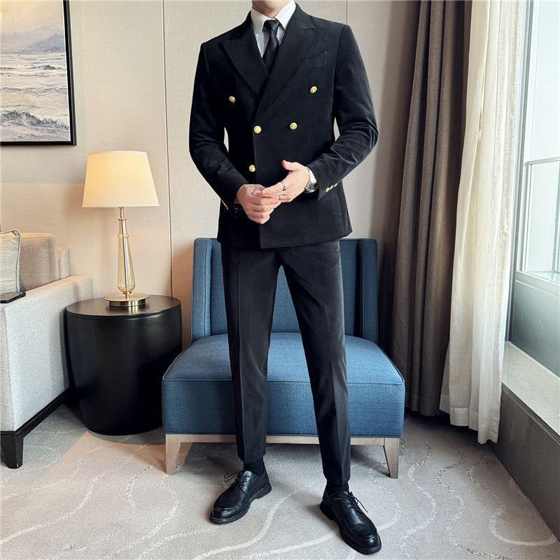 Set: Peak Lapel Plain Double-Breasted Blazer + High Waist Cropped Tapered Pants Product Image