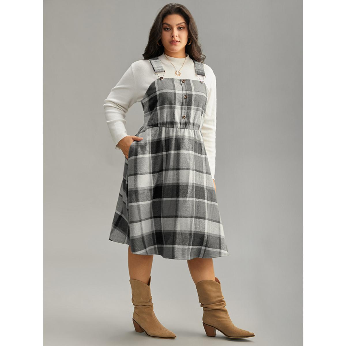 Plus Size Plaid Elastic Waist Button Detail Adjustable Straps Dress Black Women Casual Adjustable Straps Spaghetti Strap Sleeveless Curvy Midi Dress BloomChic 18-20/2X Product Image