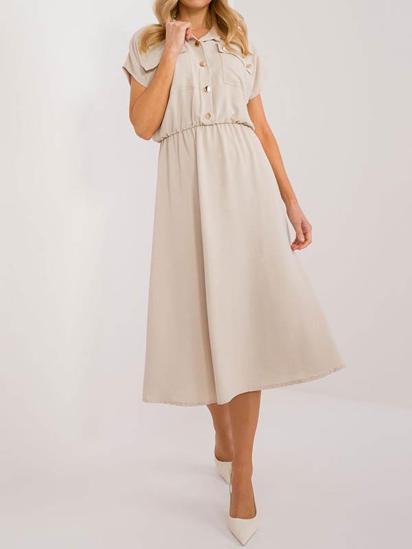 A-Line High Waisted Buttoned Pleated Solid Color Lapel Midi Dresses Product Image