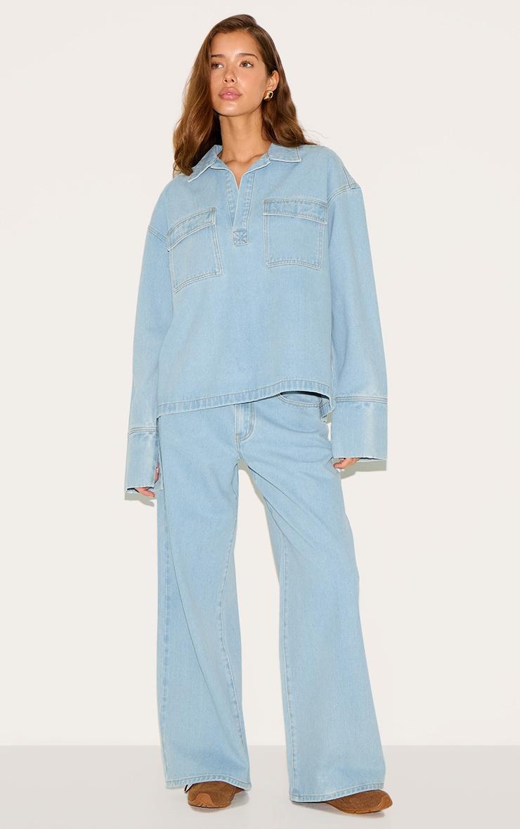 Light Blue Long Sleeve Slouchy Denim Rugby Shirt Product Image