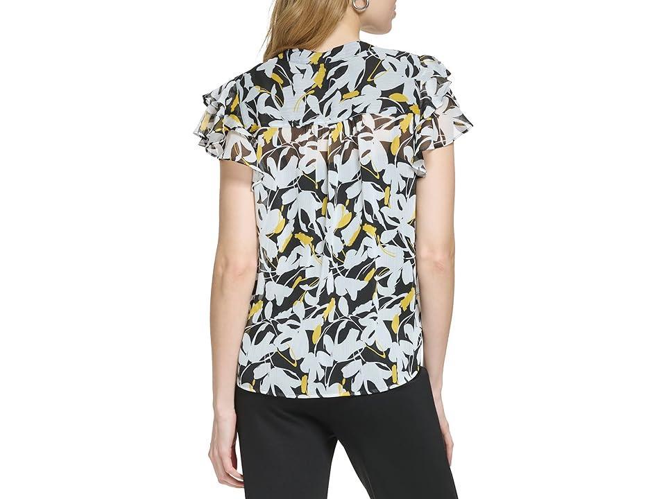 DKNY Short Sleeve Button Front Pleated Blouse (Black/Pop Yellow ) Women's Clothing Product Image
