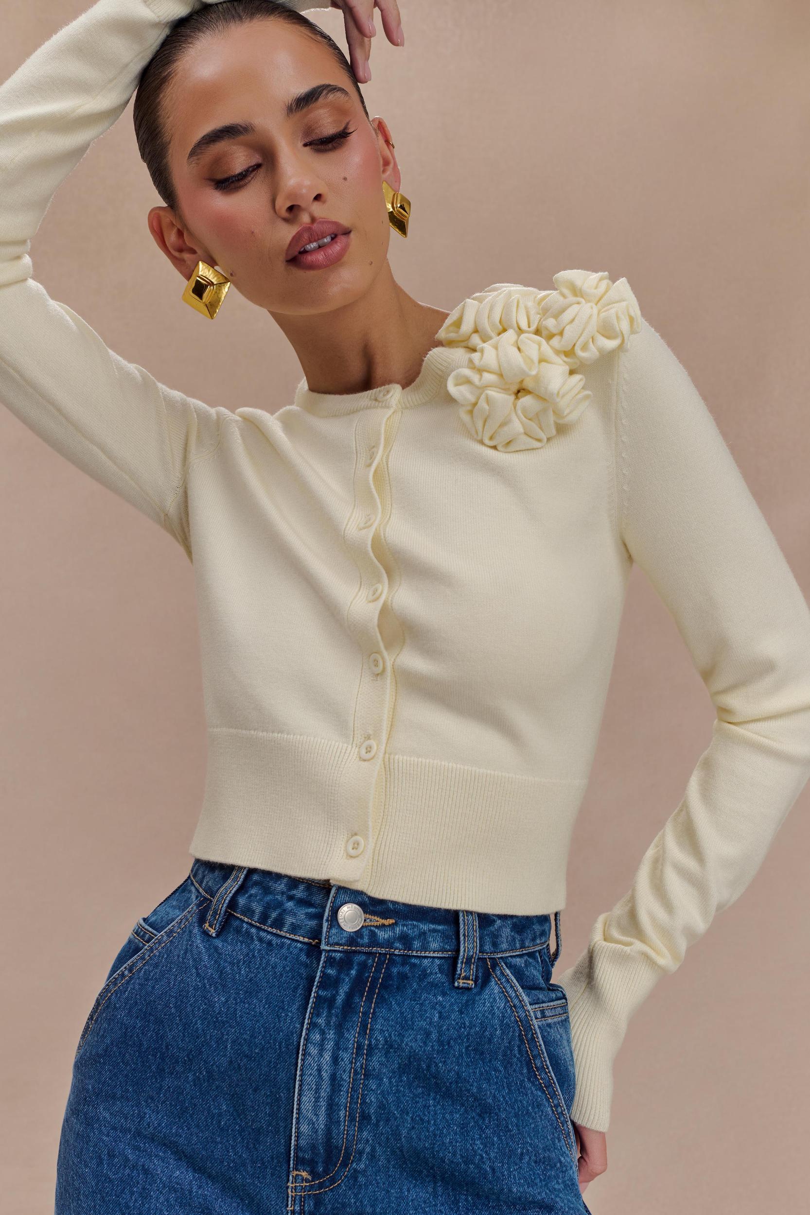 Gianna Knit Cardigan With Flowers - Cream Product Image