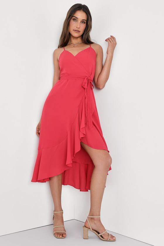 Manhattan Moment Berry Pink Ruffled Midi Wrap Dress Product Image