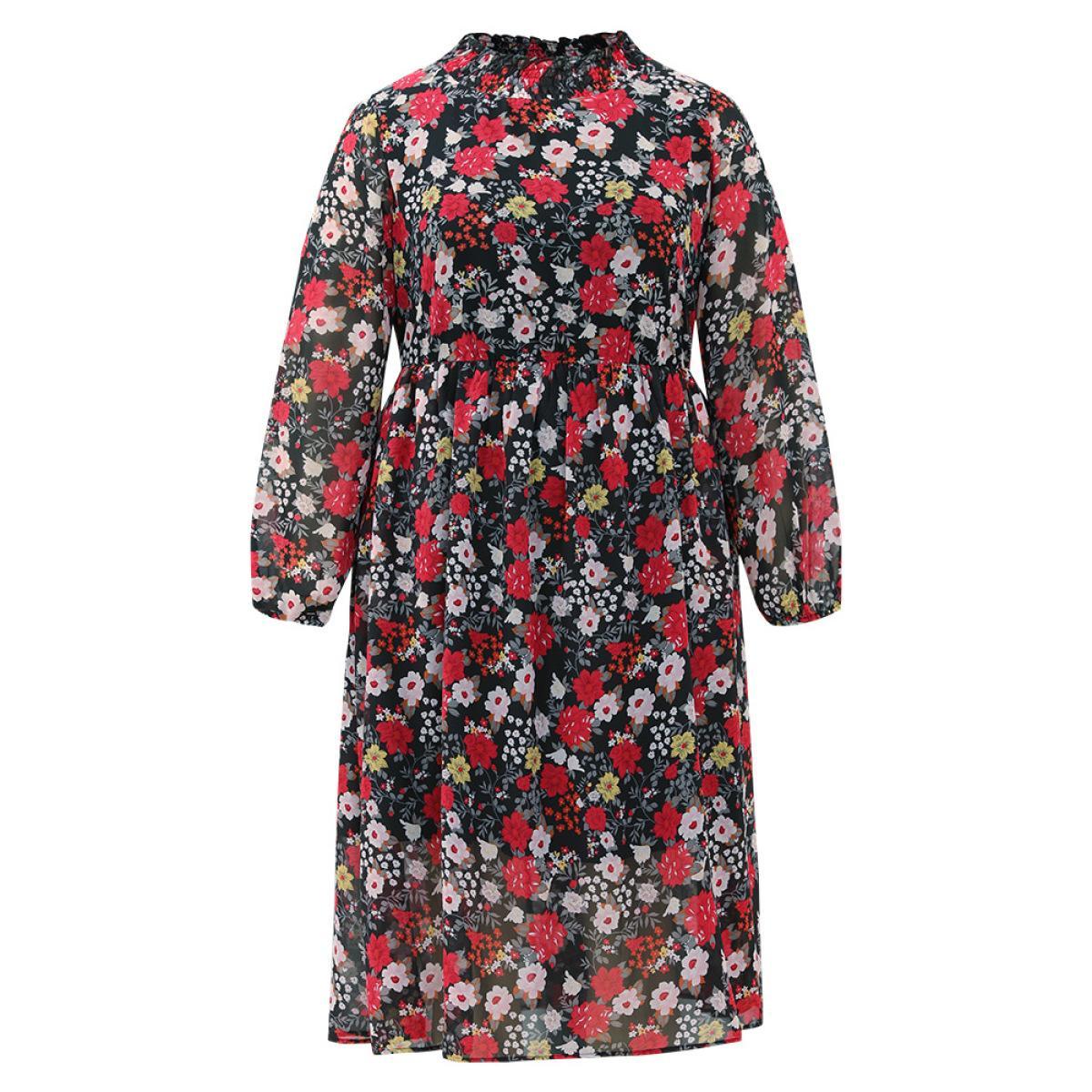 Plus Size Chiffon Floral Print Shirred Elastic Cuffs Dress Black Women Elegant Elastic cuffs Mock Neck Long Sleeve Curvy Midi Dress BloomChic 26/4X Product Image