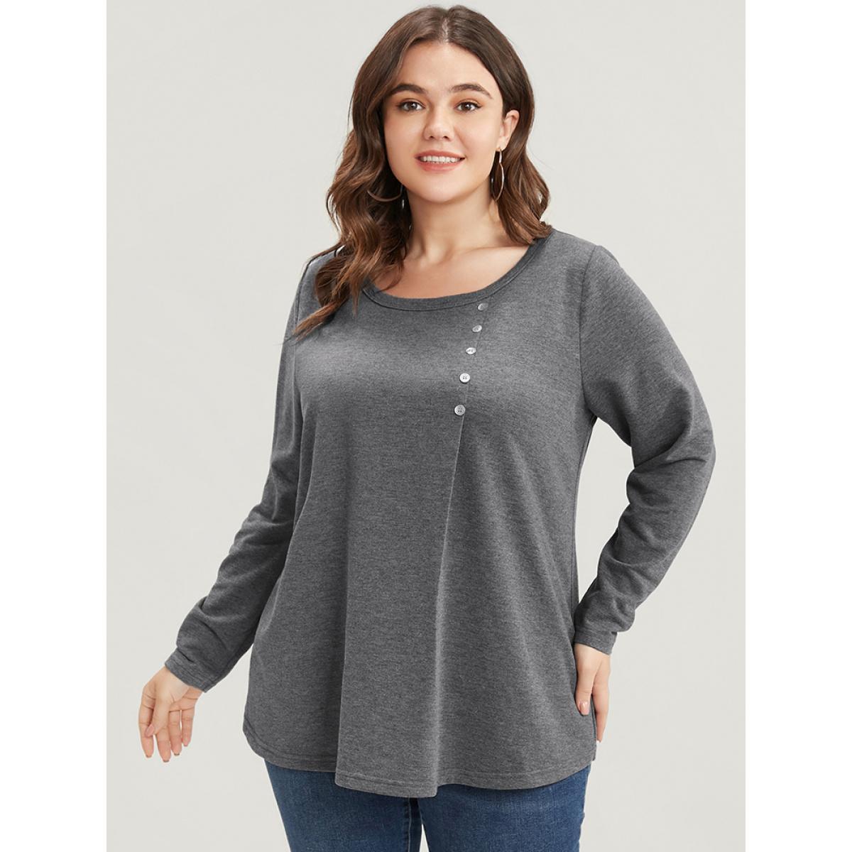 Plus Size Solid Crew Neck Button Detail Long Tee Gray Women Casual Button Plain Round Neck Dailywear T-shirts BloomChic 14-16/1X Product Image