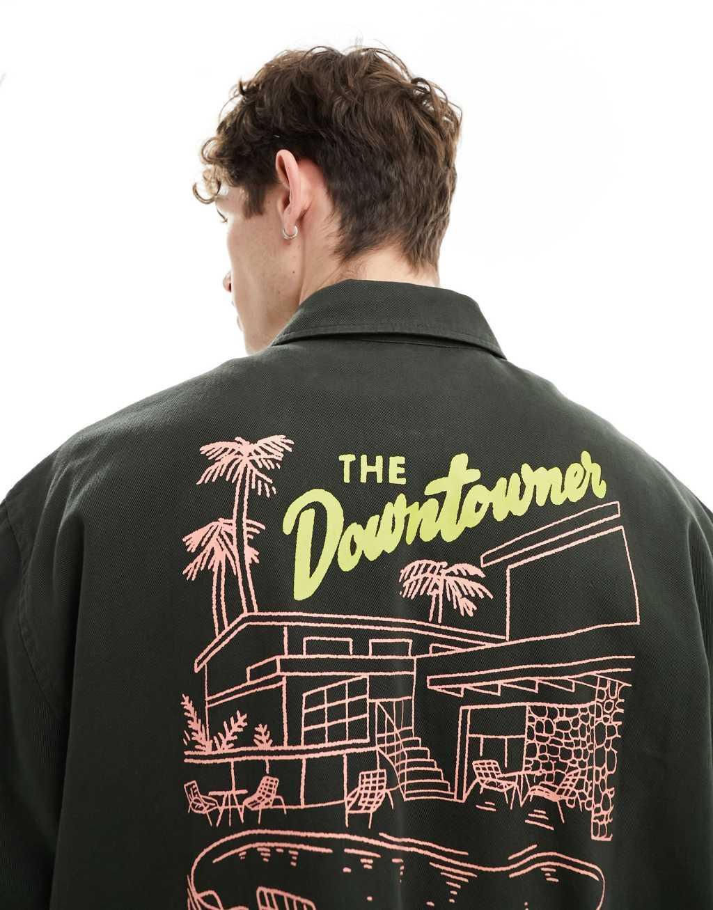 ASOS DESIGN 90s oversized twill shirt with zip front and back print Product Image