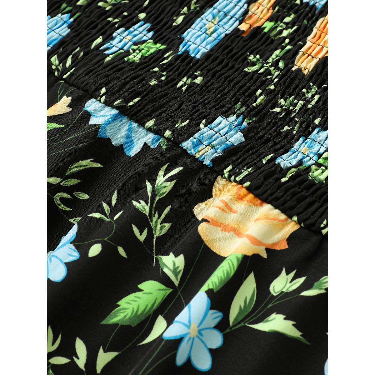 Plus Size Floral Print Shirred Pocket V Neck Dress Black Women Elegant Non V-neck Elbow-length sleeve Curvy Midi Dress BloomChic 14-16/1X Product Image