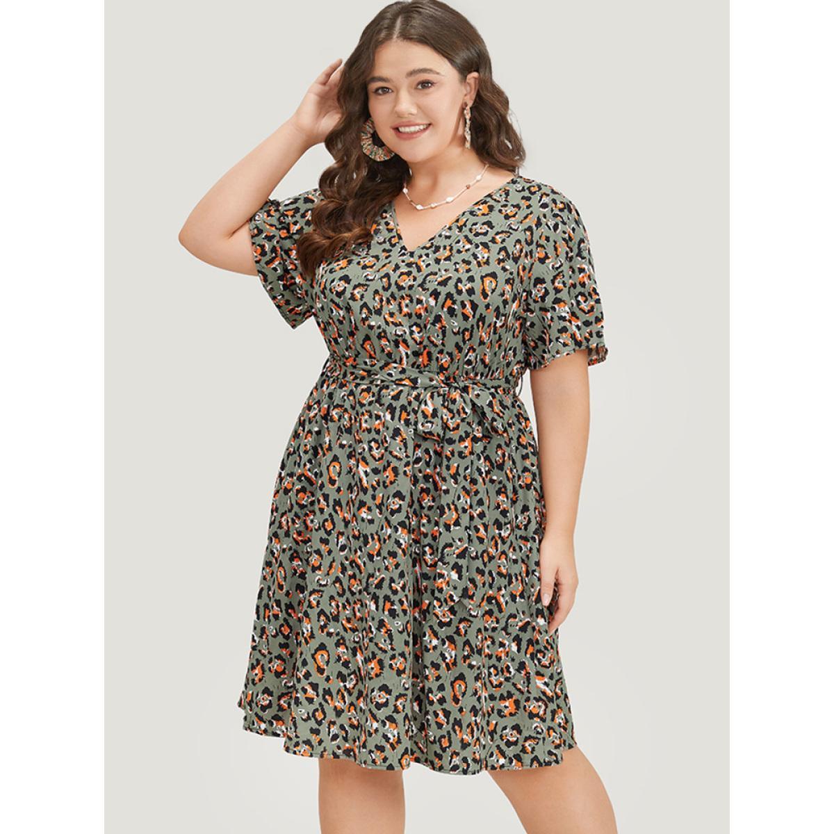Plus Size Colour Leopard Print Belted Ruffle Hem Pocket Dress ArmyGreen Women Elegant Gathered V-neck Short sleeve Curvy Knee Dress BloomChic 14-16/1X Product Image