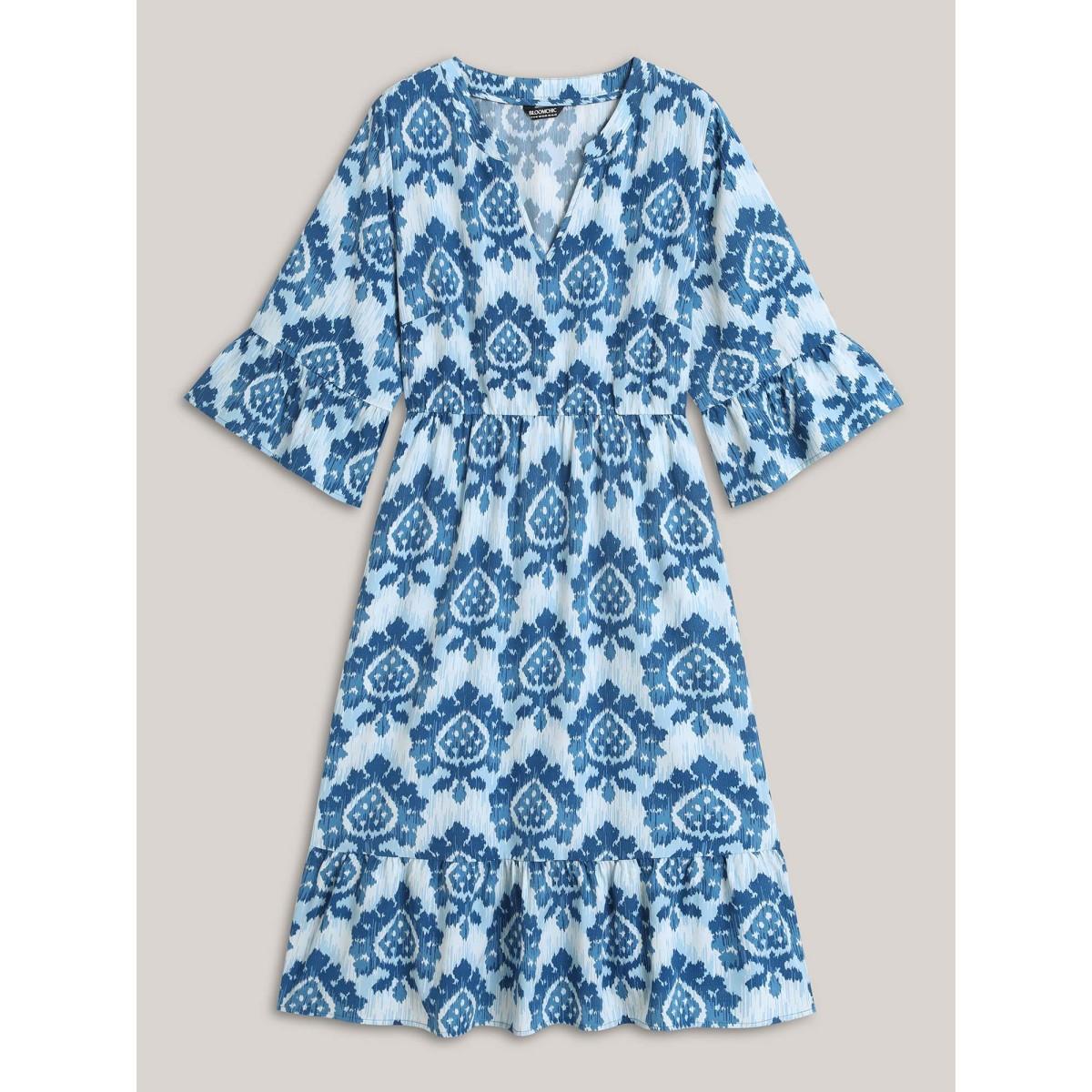 Plus Size Damask Pattern Ruffle Sleeve Midi Dress Mediumblue Women Flat collar with V-notch Elbow-length sleeve Curvy BloomChic 28/5X Product Image