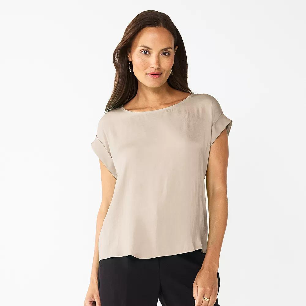 Women's Nine West Roll Cuff Woven Tee, Size: Large, Camelot Beige Product Image