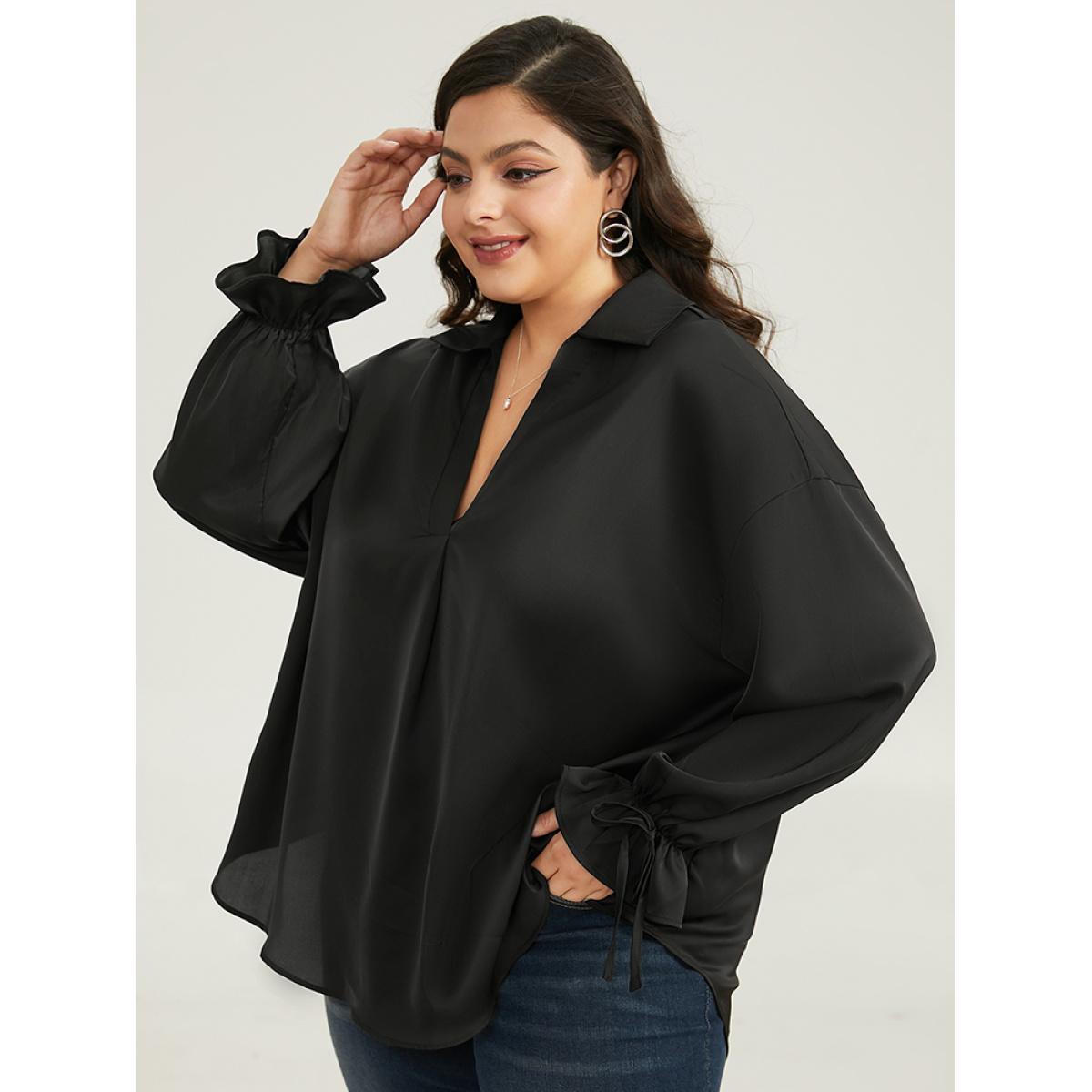 Plus Size Black Knot Pleated Lantern Sleeve Blouse Women Office Long Sleeve Shirt collar Work Blouses BloomChic 10/M Product Image