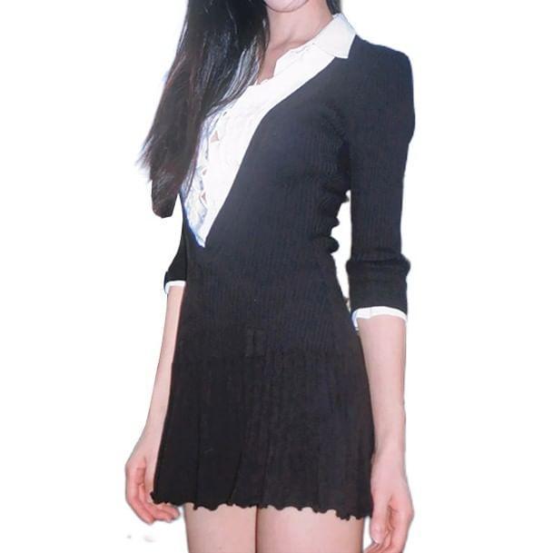 Mock Two-Piece Long-Sleeve Collared Mini A-Line Dress Product Image