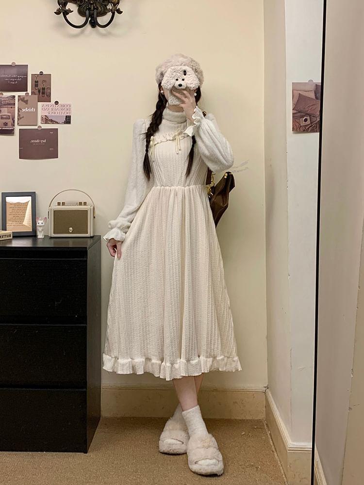Long-Sleeve Mock Neck Bow Ruffle Trim Knit Panel Midi A-Line Dress Product Image