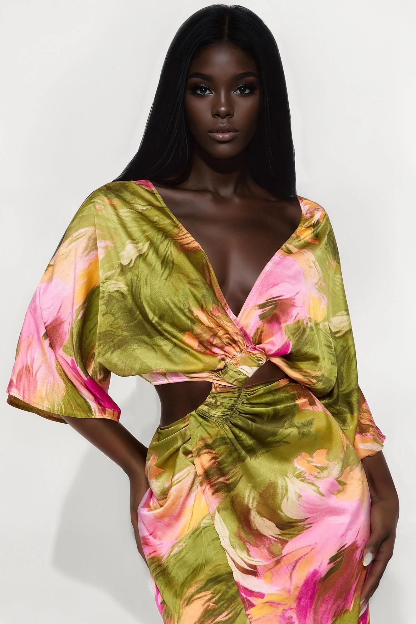 Janice Short Sleeve Satin Maxi Dress - Olive/combo Female Product Image