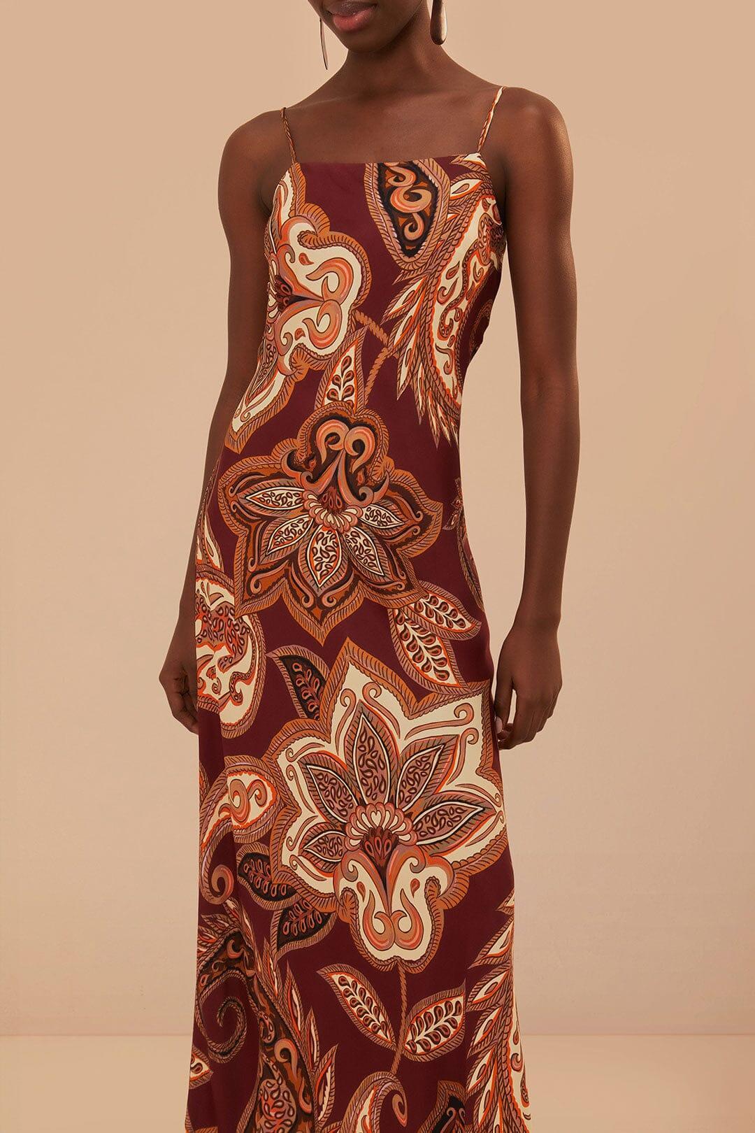 Burgundy Leopard Paisley LENZING ECOVERO Viscose Maxi Slip Dress, LEOPARD PAISLEY BURGUNDY / XS Product Image