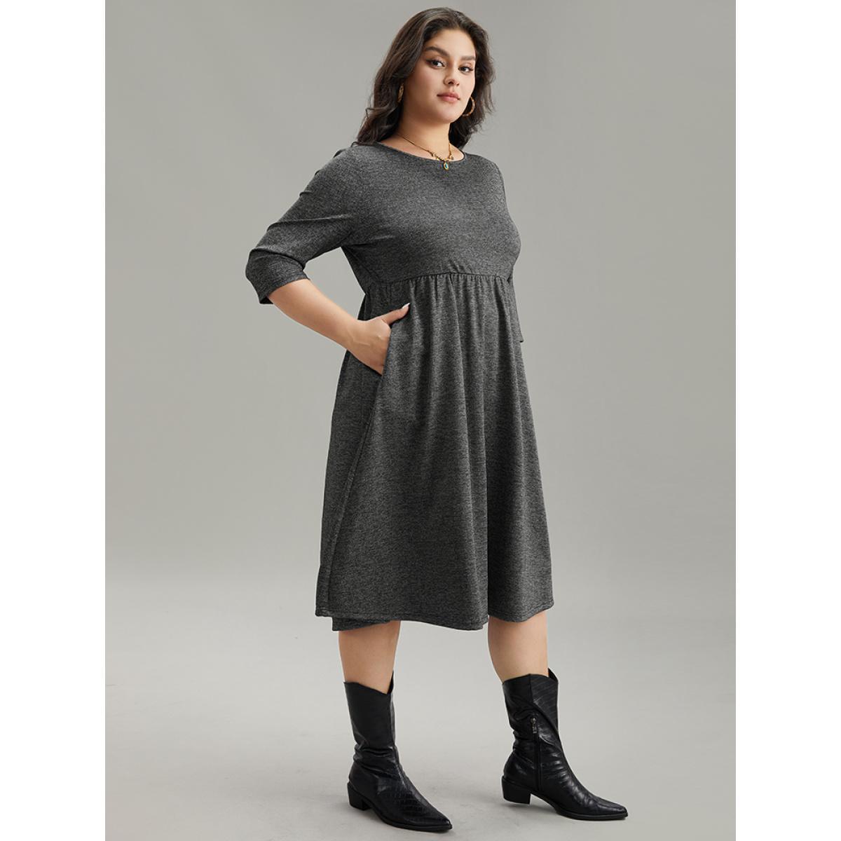 Plus Size Plain Textured Pocket Elastic Waist Gathered Dress DarkGray Women Casual Texture Round Neck Elbow-length sleeve Curvy Midi Dress BloomChic 30/6X Product Image