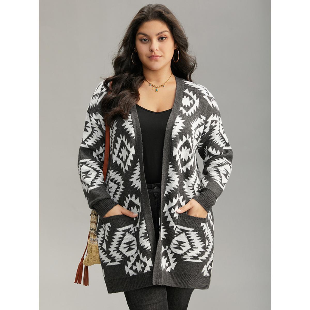 Plus Size Bandana Print Elastic Cuffs Patched Pocket Cardigan DimGray Women Casual Loose Long Sleeve Dailywear Cardigans BloomChic 26/4X Product Image
