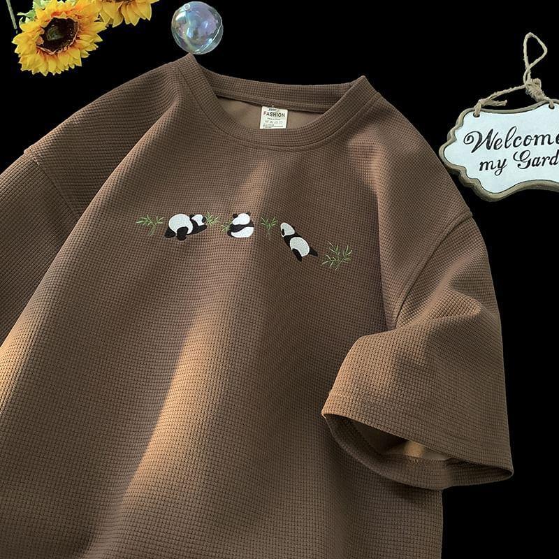 Short Sleeve Crew Neck Panda Print Waffle Boxy T-Shirt Product Image