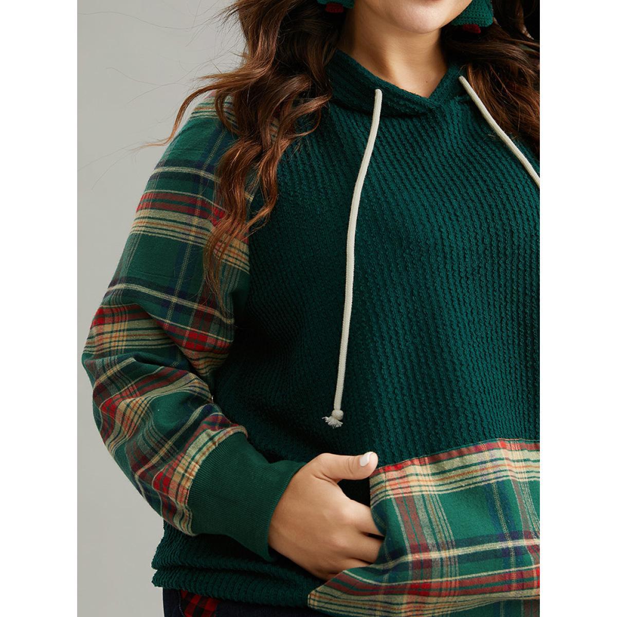 Plus Size Plaid Contrast Pocket Rib Knit Hooded Sweatshirt Women Green Casual Rib Knit Hooded Festival-Christmas Sweatshirts BloomChic 28/5X Product Image