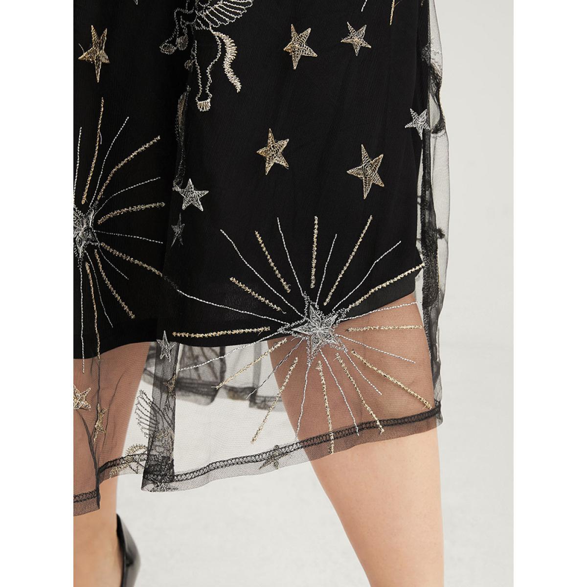 Plus Size Moon And Star Embroidered Mesh Elastic Waist Skirt Women Black Glamour Embroidered No stretch Going out Skirts BloomChic 26/4X Product Image