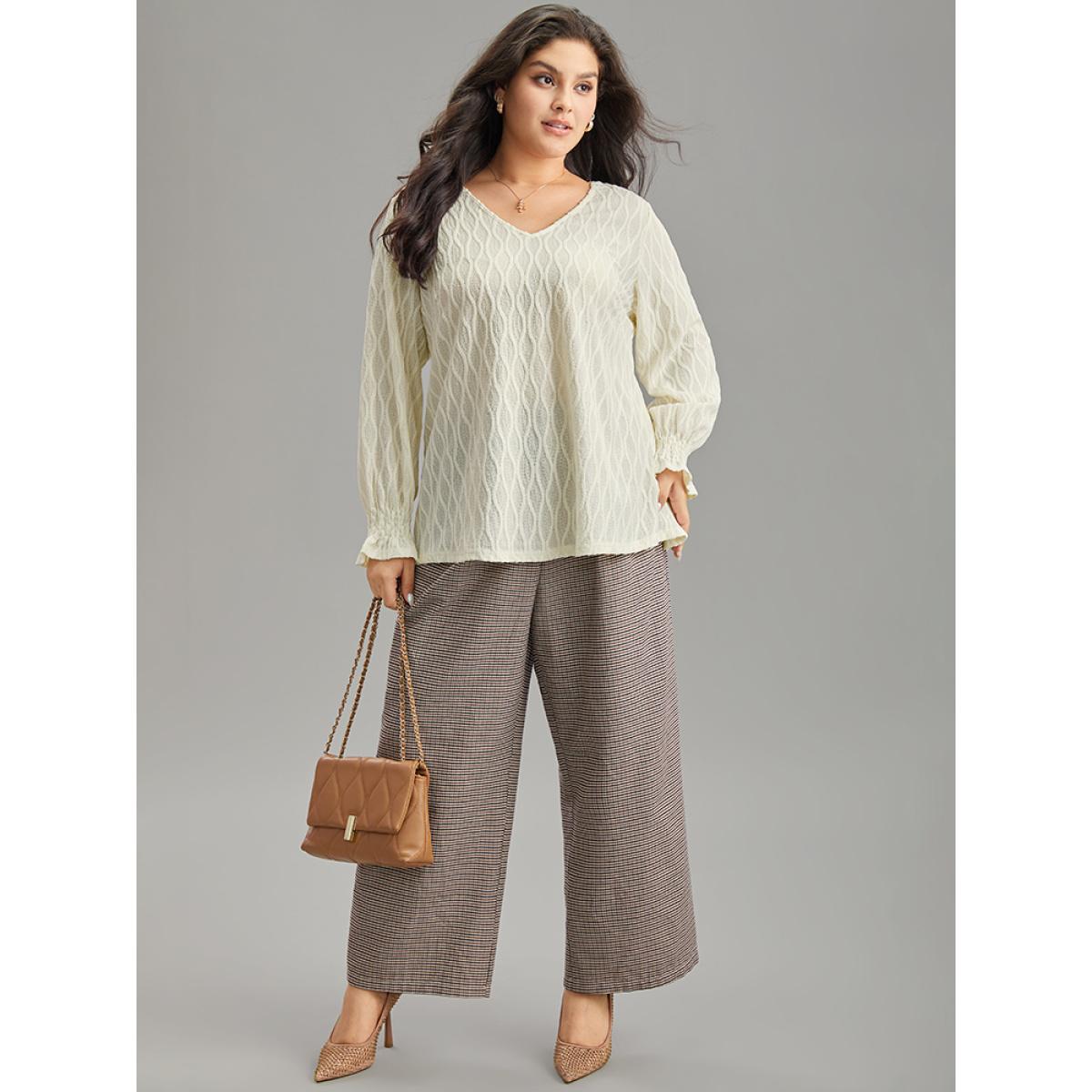 Plus Size Beige V Neck Solid Textured Shirred Blouse Women Office Long Sleeve V-neck Work Blouses BloomChic 12/L Product Image