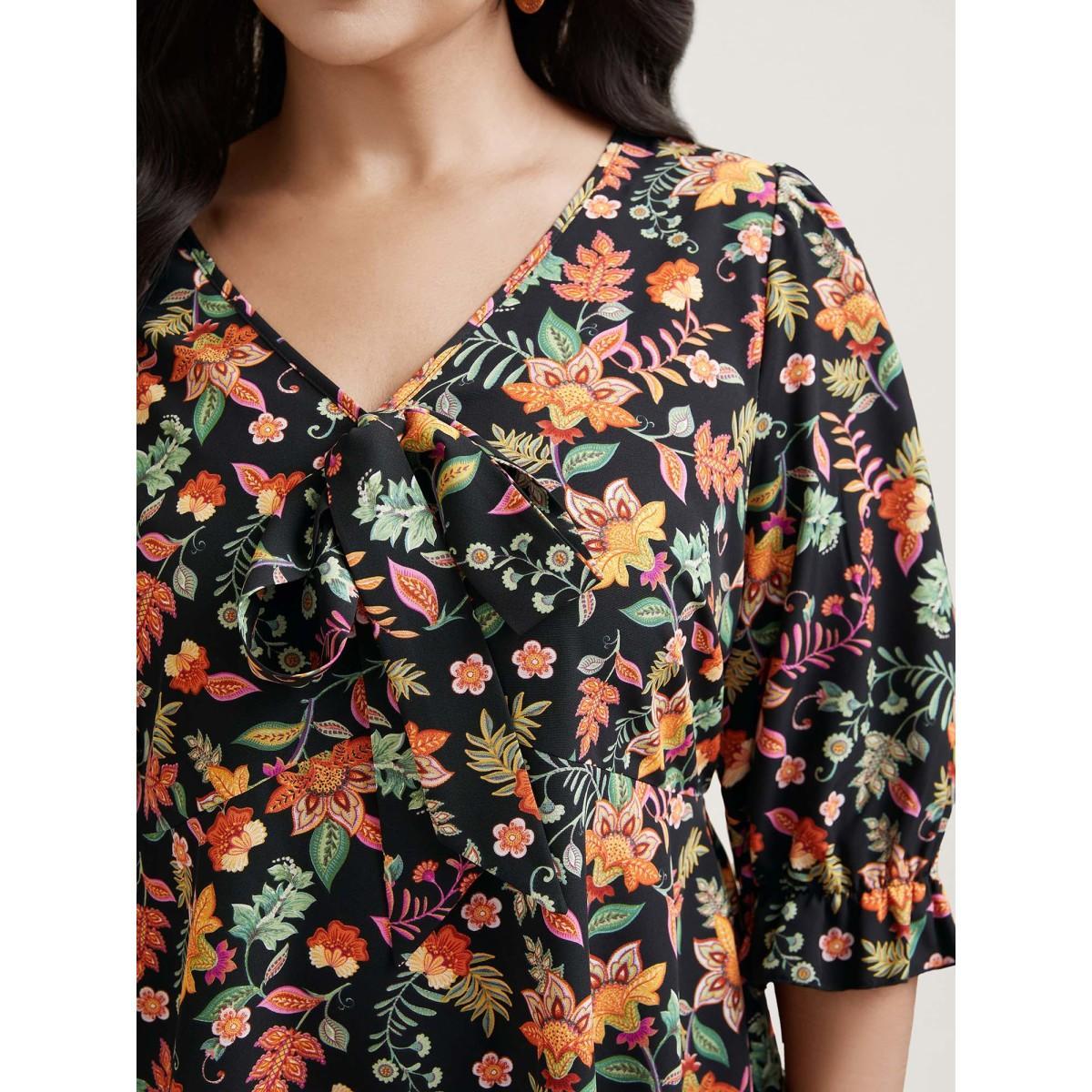 Plus Size Black Floral Print Knotted Neckline Flared Shirt Women Resort Elbow-length sleeve V-neck Vacation Blouses BloomChic 10/M Product Image