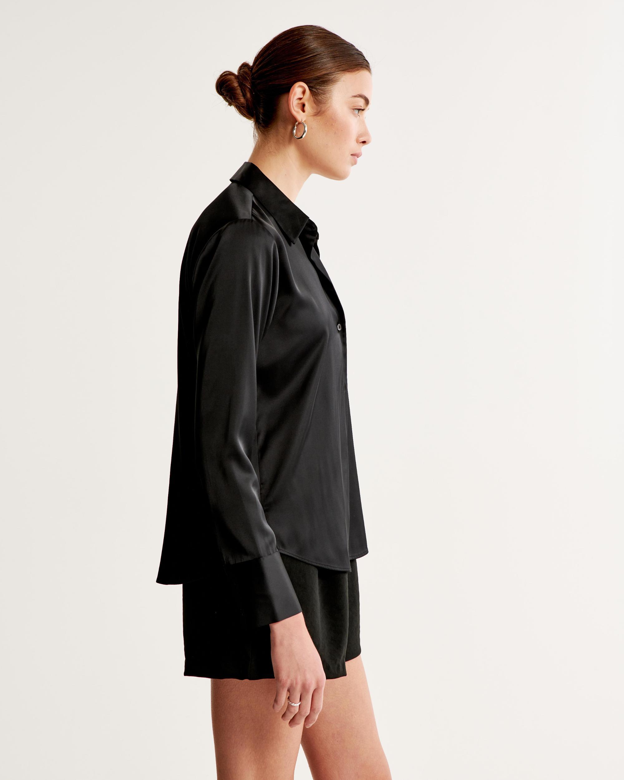 Long-Sleeve Satin Button-Up Shirt Product Image