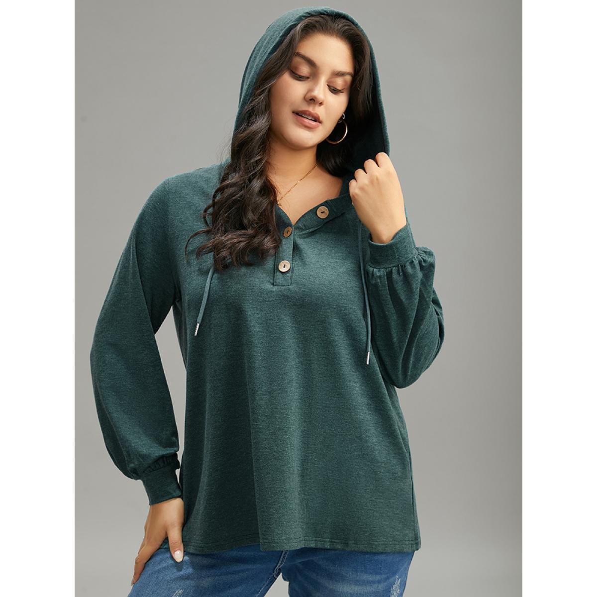 Plus Size Plain Drawstring Button Up Hooded Elastic Cuffs Sweatshirt Women Green Casual Elastic cuffs Hooded Dailywear Sweatshirts BloomChic 18-20/2X Product Image