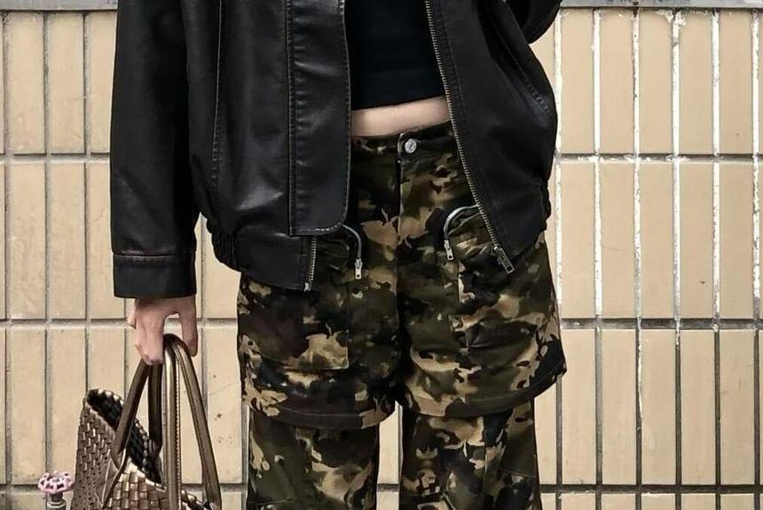 Mid Rise Camo Print Flared Wide Leg Cargo Jeans Product Image