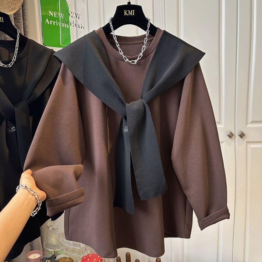 Long-Sleeve Round Neck Plain Mock Two-Piece Tee Product Image