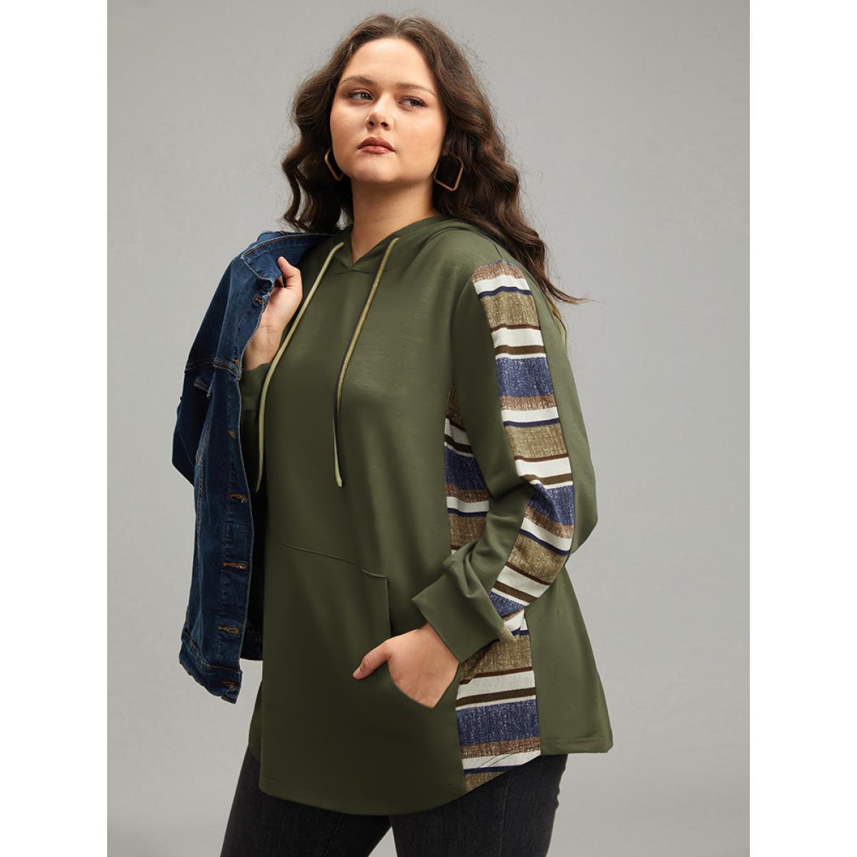 Plus Size Contrast Striped Hooded Ties Pocket Sweatshirt Women DimGray Casual Contrast Hooded Dailywear Sweatshirts BloomChic 22-24/3X Product Image