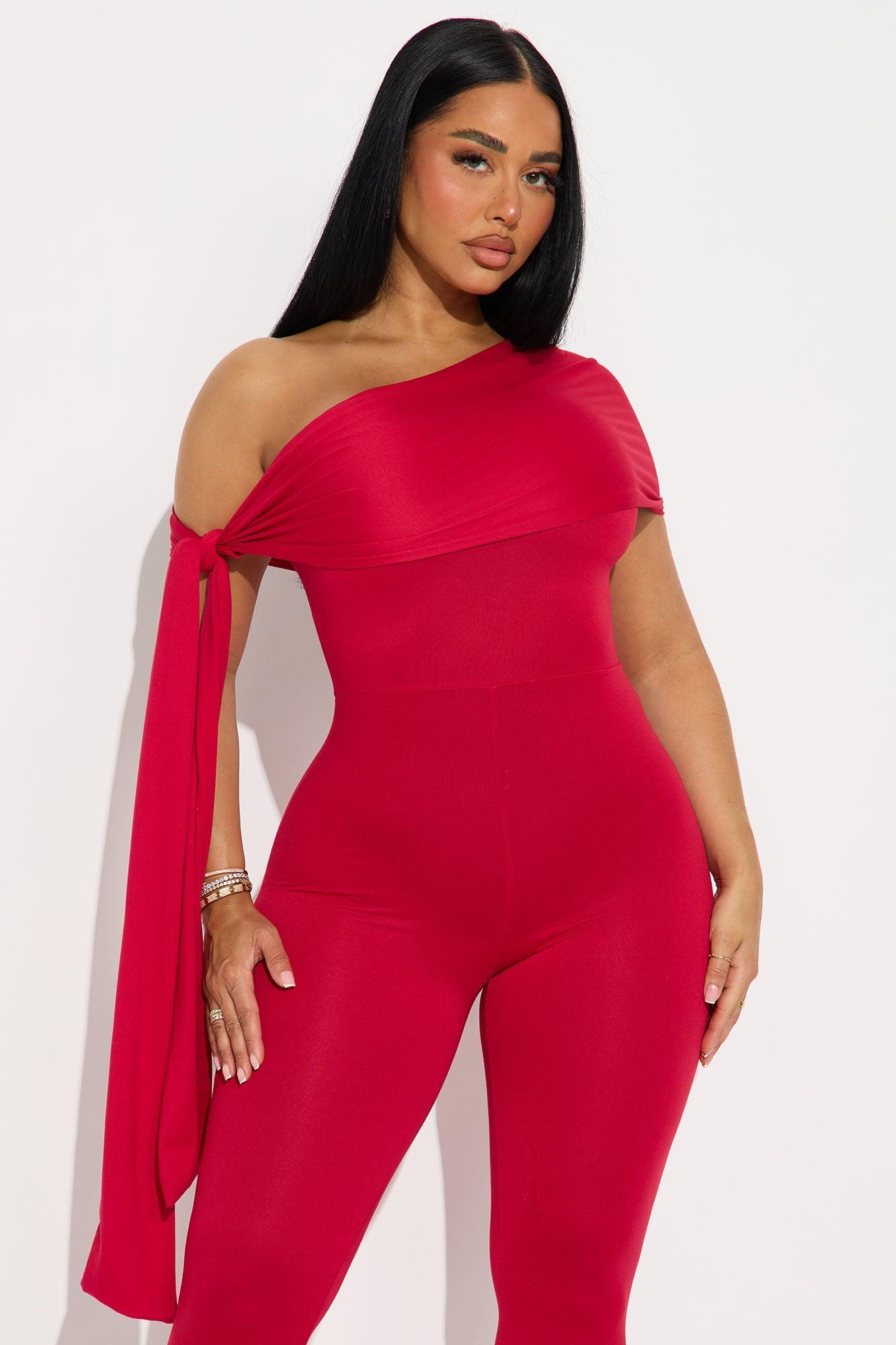 Moonlit Hour Off Shoulder Skinny Jumpsuit - Red Product Image