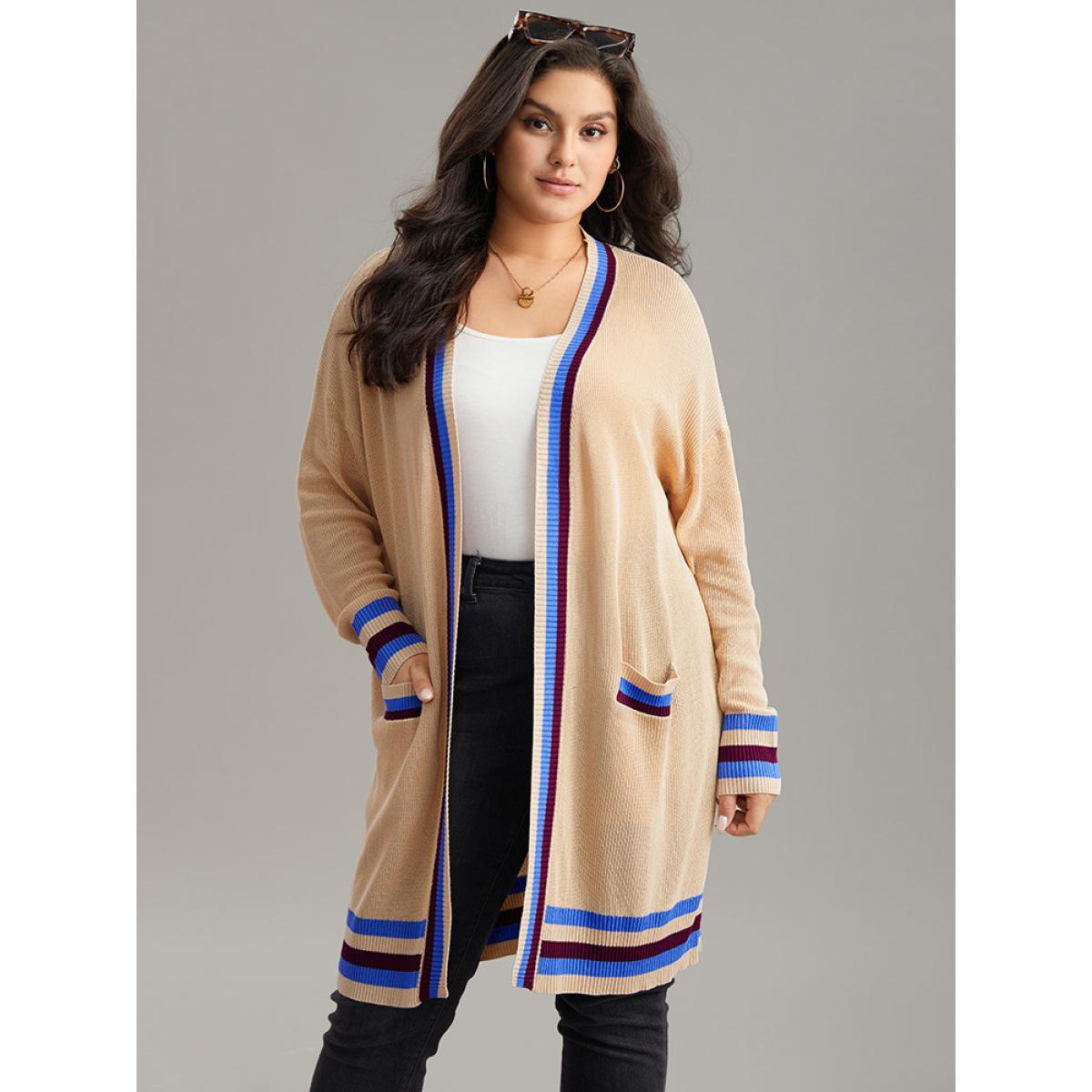 Plus Size Contrast Striped Patched Pocket Drop Shoulder Cardigan Champagne Women Casual Loose Long Sleeve Dailywear Cardigans BloomChic 18-20/2X Product Image