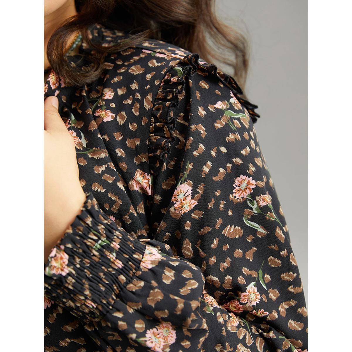 Plus Size Ditsy Floral Shirred Flutter Trim Keyhole Dress Black Women Elegant Printed Mock Neck Long Sleeve Curvy Midi Dress BloomChic 10/M Product Image
