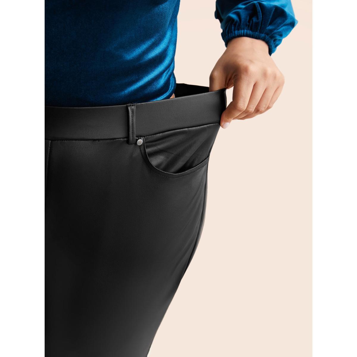 Plus Size PU Leather Button Detail Mid Rise Pants Women Black Casual Skinny Mid Rise Everyday Pants BloomChic 30/6X Product Image