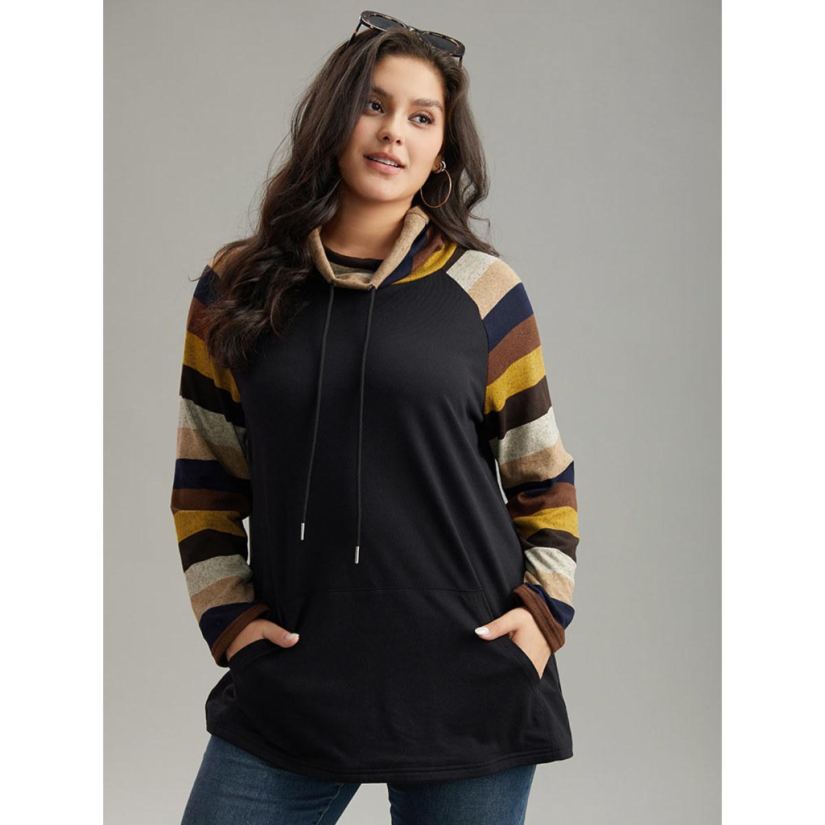 Plus Size Mock Neck Colour Striped Drawstring Sweatshirt Women Black Casual Patchwork Mock Neck Dailywear Sweatshirts BloomChic 28/5X Product Image