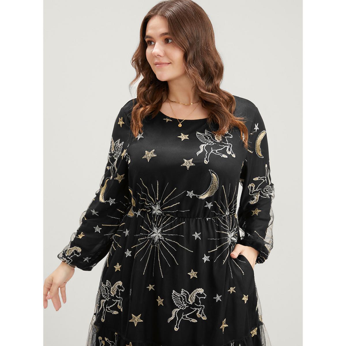 Plus Size Moon And Star Pocket Lantern Sleeve Embroidered Mesh Dress Black Women Party Round Neck Long Sleeve Curvy Long Dress BloomChic 12/L Product Image
