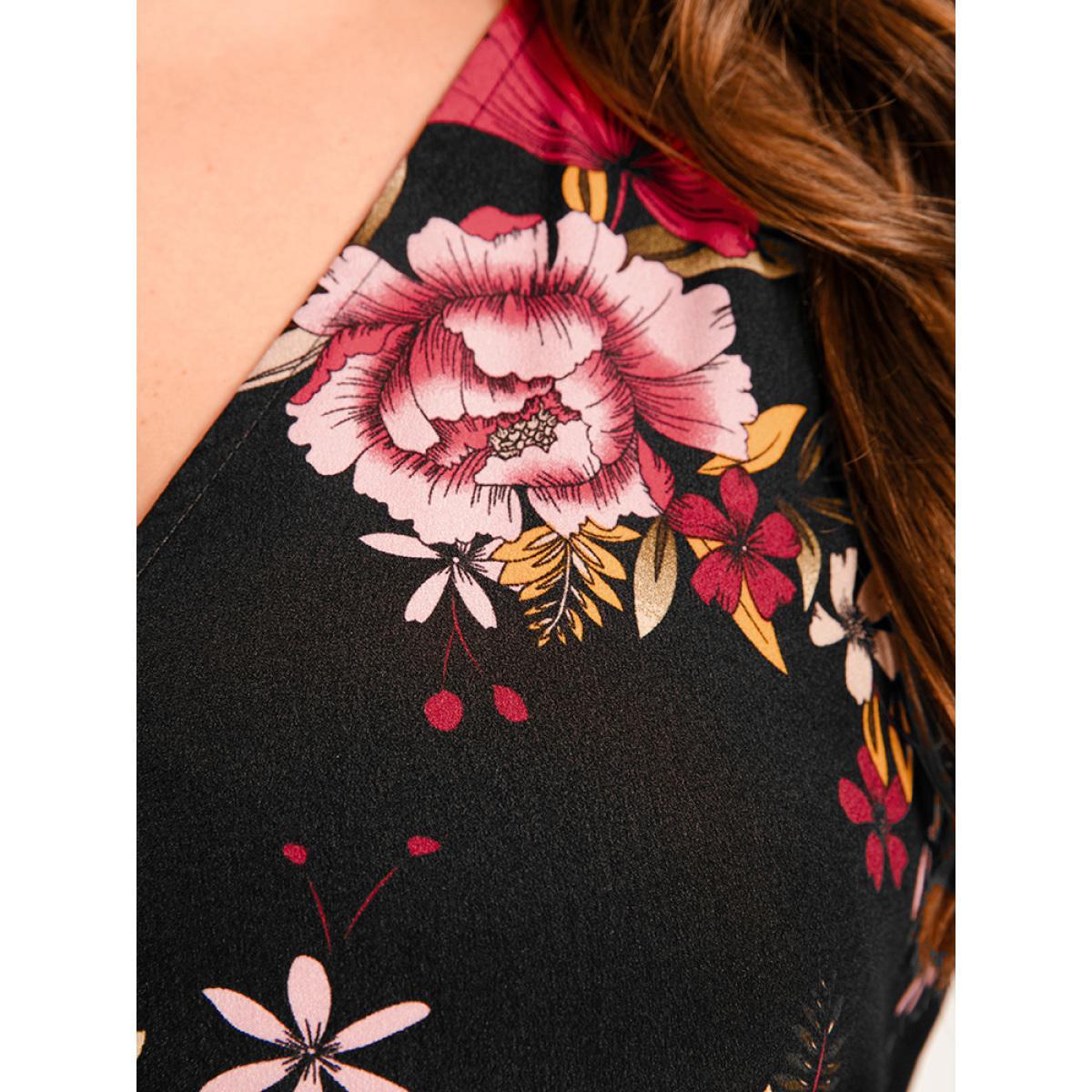 Plus Size Floral Ruffle Lantern Sleeve Pocket Belted Asymmetrical Hem Dress Black Women Elegant Cross straps V-neck Long Sleeve Curvy Long Dress BloomChic 18-20/2X Product Image