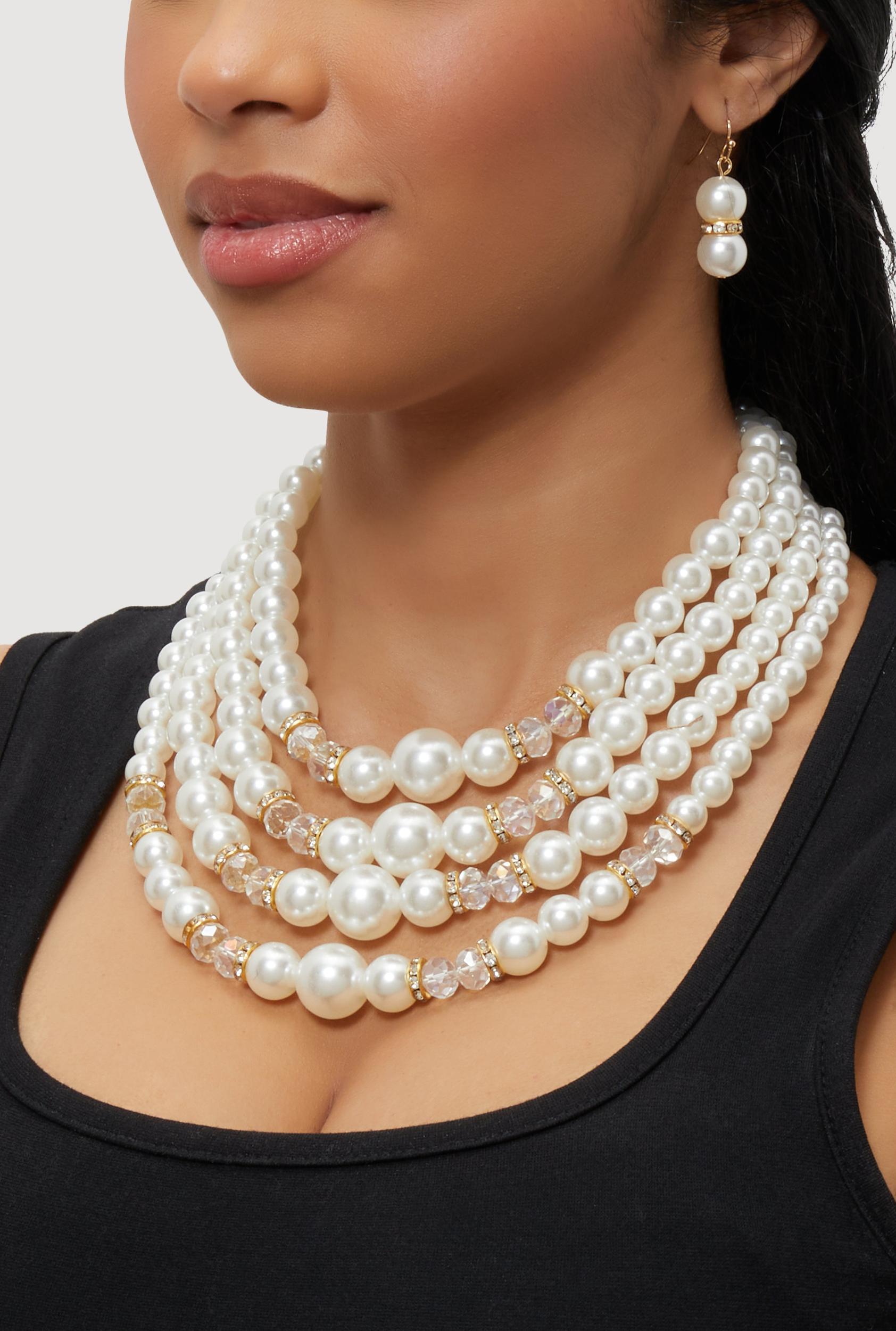 Faux Pearl Rhinestone Beaded Layered Necklace with Drop Earrings Male Product Image