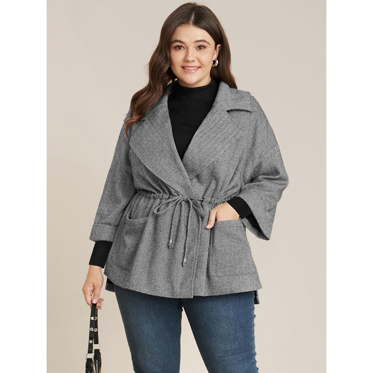 Plus Size Chevron Pattern Pocket Split Hem Drawstring Coat Women Black At the Office Drawstring Ladies Work Winter Coats BloomChic 22-24/3X Product Image