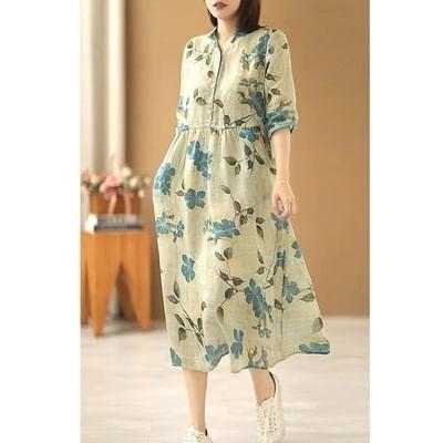 Elbow-Sleeve V-Neck Print Midi A-Line Dress Product Image