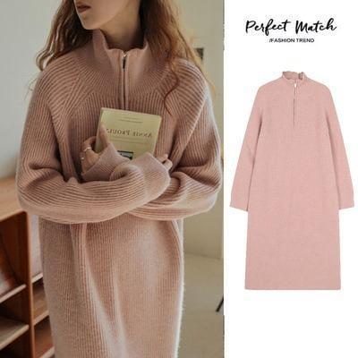 Long Sleeve Stand Collar Plain Half Zip Ribbed Midi Shift Sweater Dress Product Image