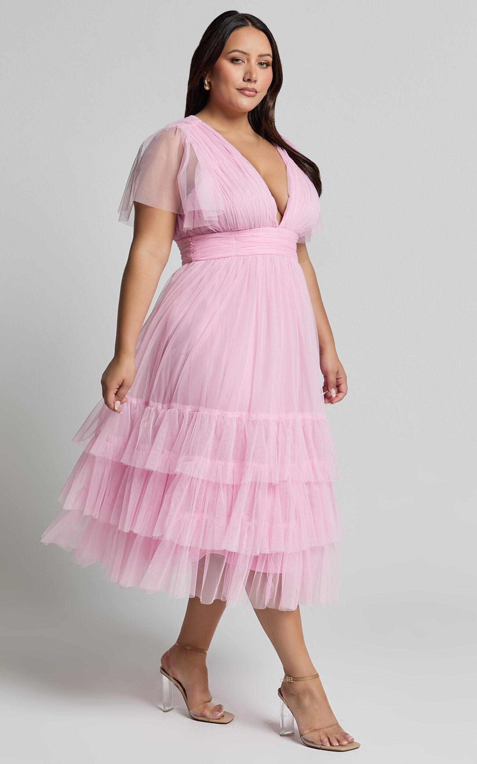 Jiraye Midi Dress - Flutter Sleeve Tuelle Plunge Dress in Ballet Pink Product Image